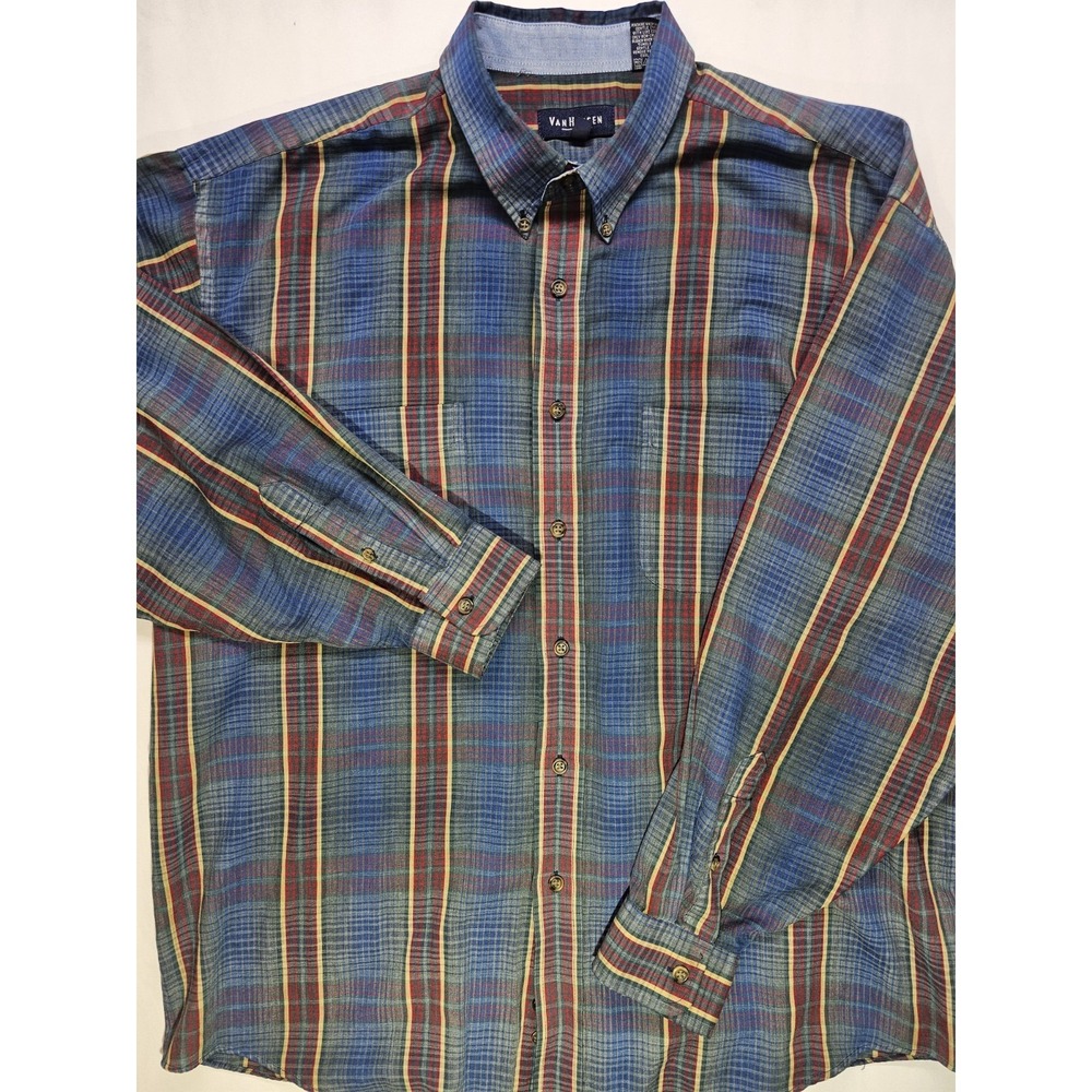 Van Heusen Men's L Button Down Shirt Wrinkle Free Multicolor Plaid Long Sleeve